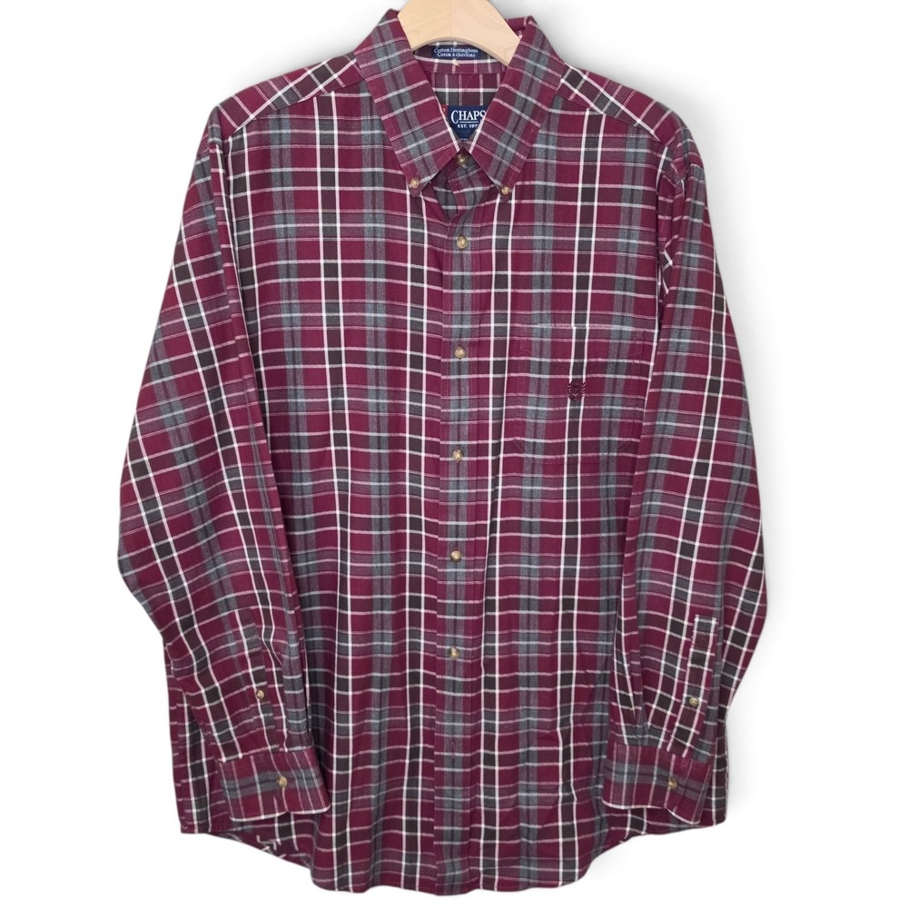 Chaps Shirt Mens Large Button Down Cotton Herringbone Plaid Long Sleeve Maroon L